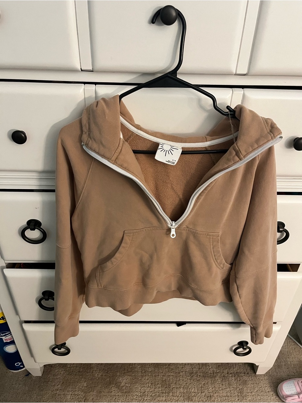 Cropped Half-Zip Hoodie in Tan